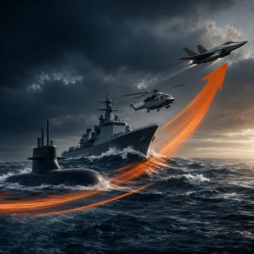 A submarine surfacing in stormy seas, a naval warship with a helicopter overhead and a fighter jet ascending into the sky, connected by a rising orange arrow visualising operations from subsurface to high altitude.